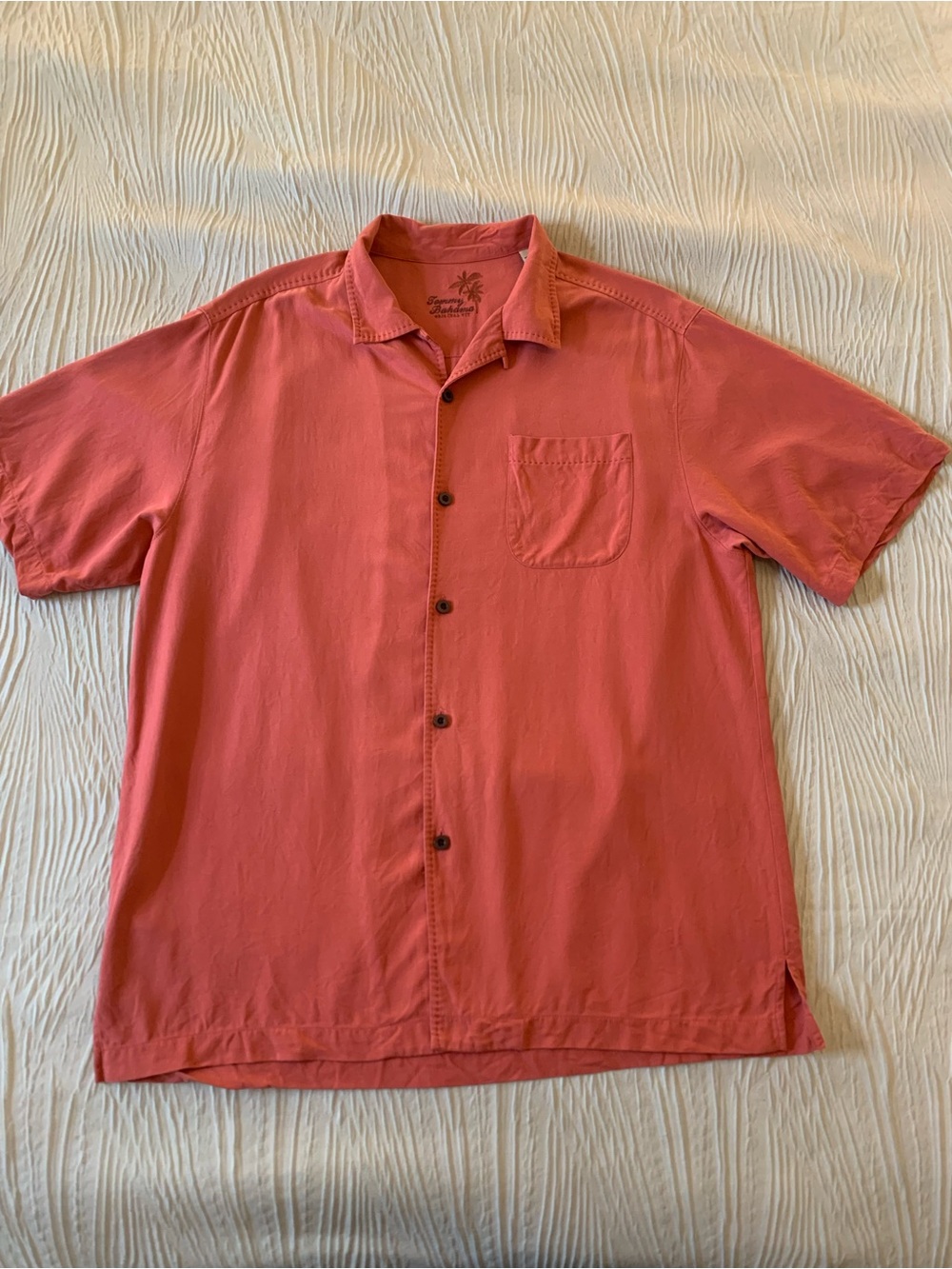 Tommy Bahama 100% Silk Peach Colored Contrast Stitch Camp Collar Shirt, size M